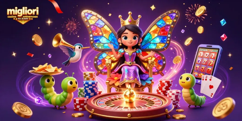 Gioca nei migliori casino online non AAMS con simboli vincenti, gettoni dorati e un ambiente festoso.