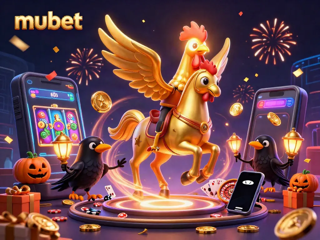 Experience the magic of mubet in a captivating casino scene with a golden rooster and vibrant games.