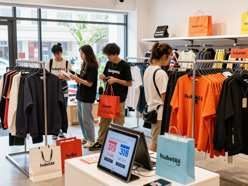 Shopper exploring trendy apparel at the hubet88 boutique, showcasing stylish items and an engaging atmosphere.