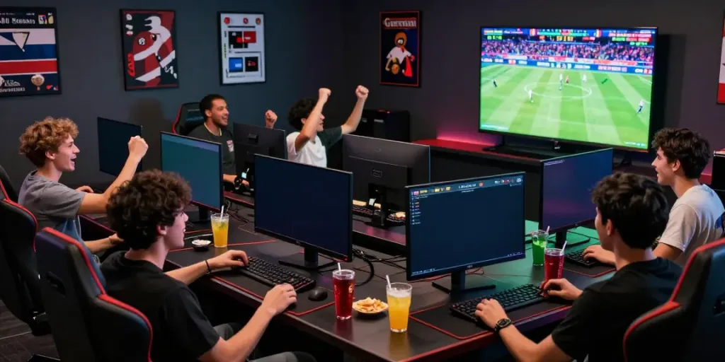 Friends enjoying an engaging gaming session at https://net88.broker/ in a lively online betting environment.