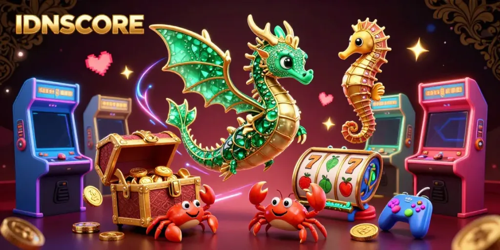 IDNSCORE presents a colorful scene with a majestic sea dragon and slots, embodying online gaming excitement.