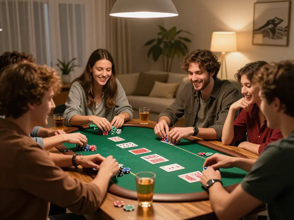 Friends enjoying a poker game at home, showcasing gg88 com's entertainment options.