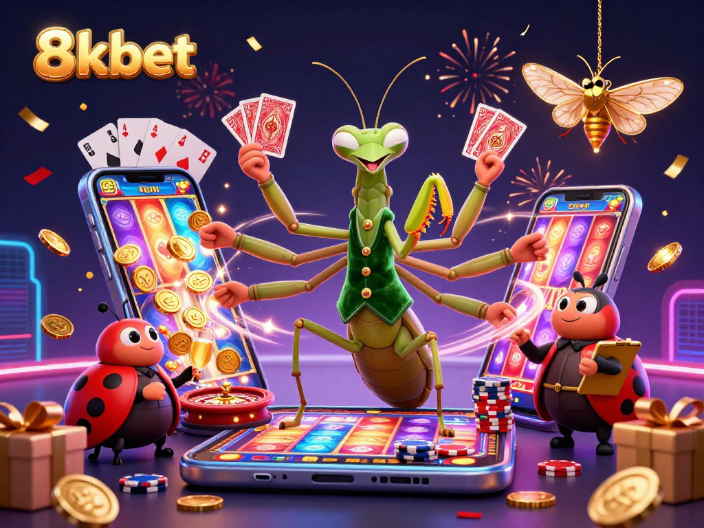 Experience thrilling gaming action at 8xbet with a vibrant scene of characters dealing cards and pouring champagne.