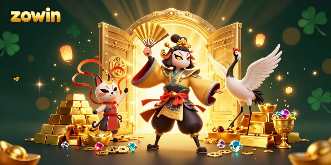 Experience the thrill of zowin with a vibrant 3D illustration featuring kabuki warriors and treasure.