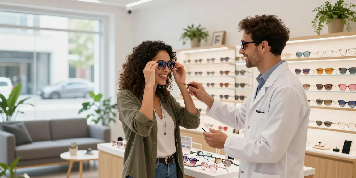 Customer exploring stylish eyewear options at an ótica online store, vibrant frames showcased with expert assistance, inviting shopping atmosphere.