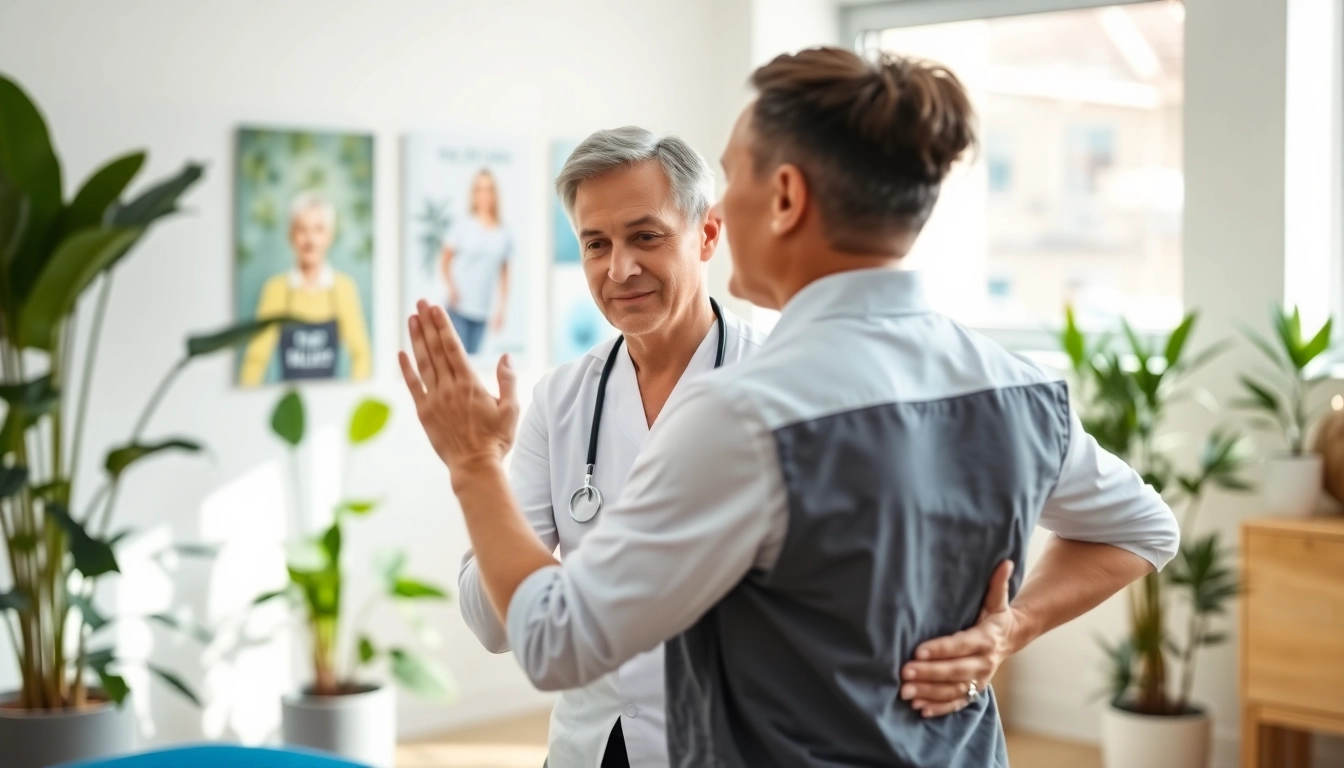 Demonstrating back pain relief techniques in a physiotherapy session.