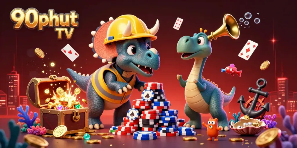 Cheerful characters celebrate a winning moment at 90phut TV, building poker chip towers in a rich casino scene.