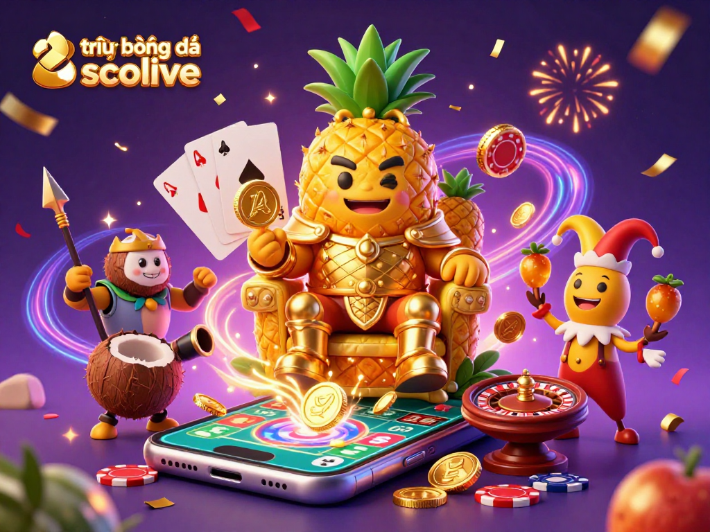 Experience trực tiếp bóng đá socolive excitement with a festive casino scene showcasing a golden pineapple king and betting elements.