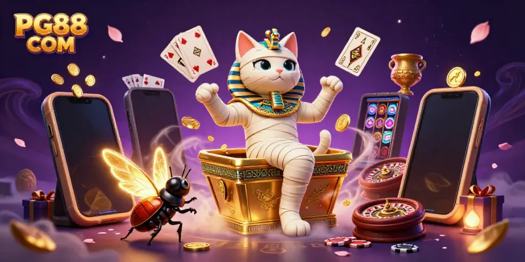 Engage with PG88 COM to win big in this vibrant casino scene with a mummy cat and treasures.