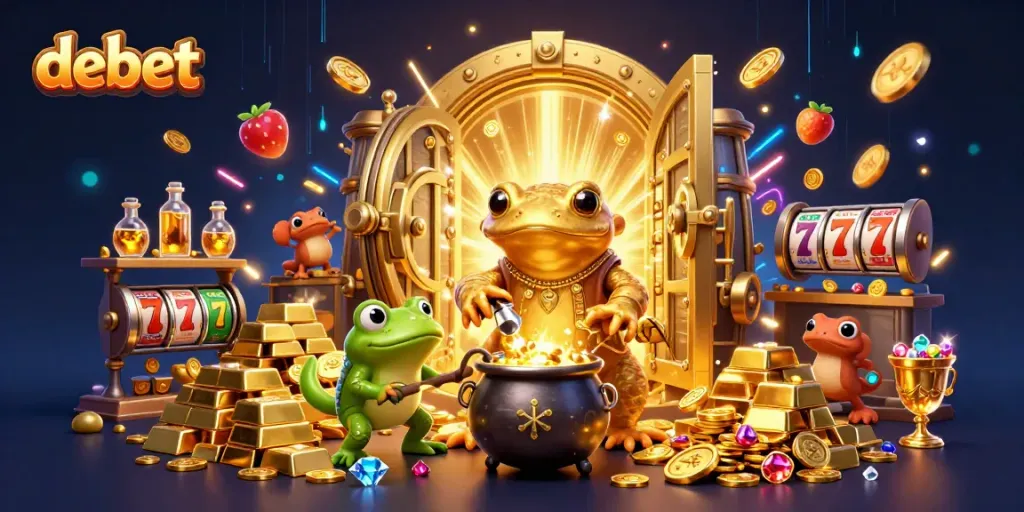 Experience the vibrant world of debet with dynamic gaming elements, gold coins, and a rich alchemist scene.