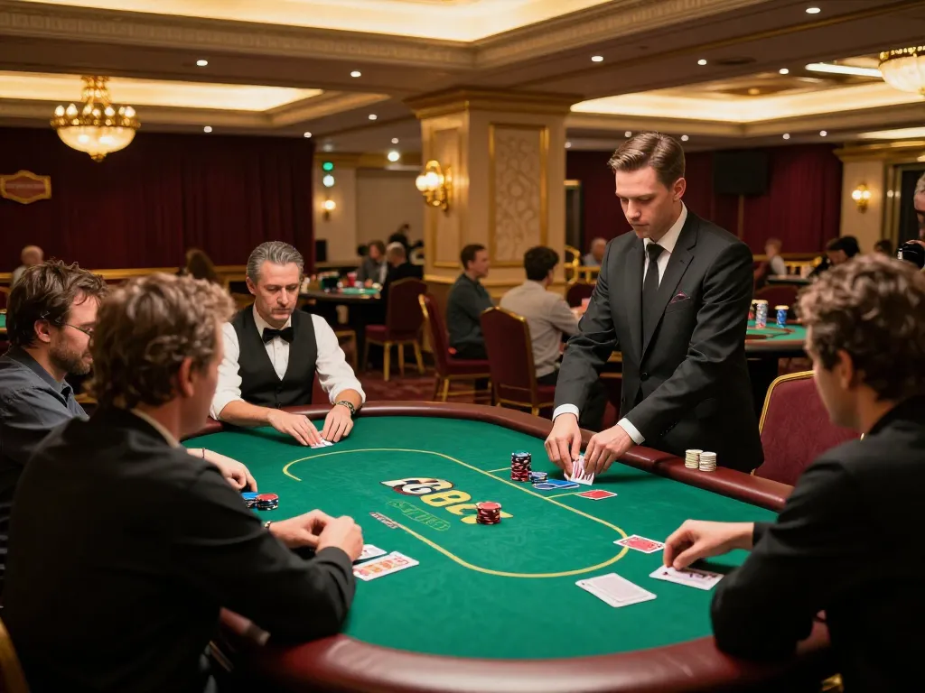 Players engaged in thrilling poker gameplay at F8bet's luxurious casino tables with elegant decor.