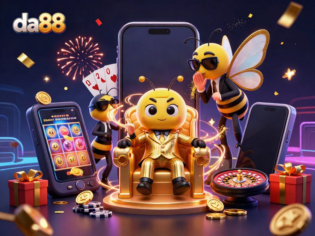 Experience the thrill at da88 with a 3D cartoon mob boss surrounded by gaming elements.