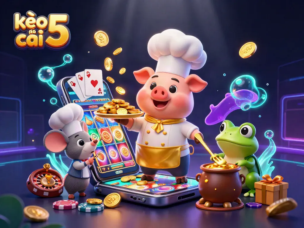 Kèo nhà cái 5 showcases a 3D chef pig presenting gold coins alongside gaming elements in an engaging illustration.