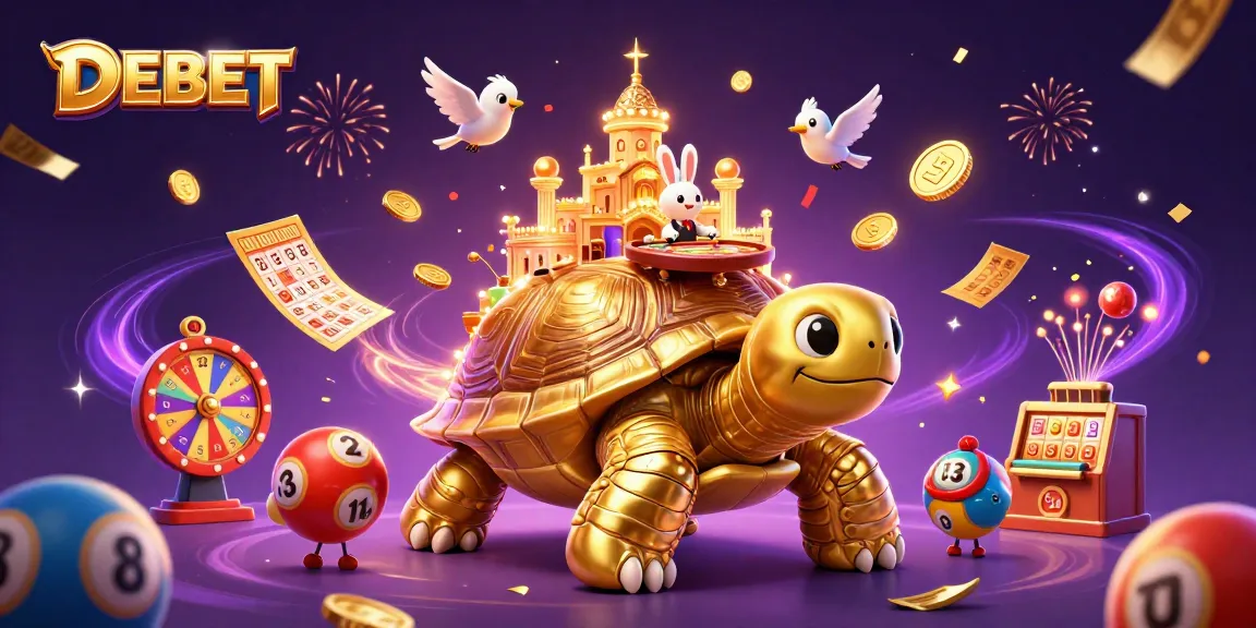 Win big at DEBET with thrilling games in a vibrant 3D casino illustration.