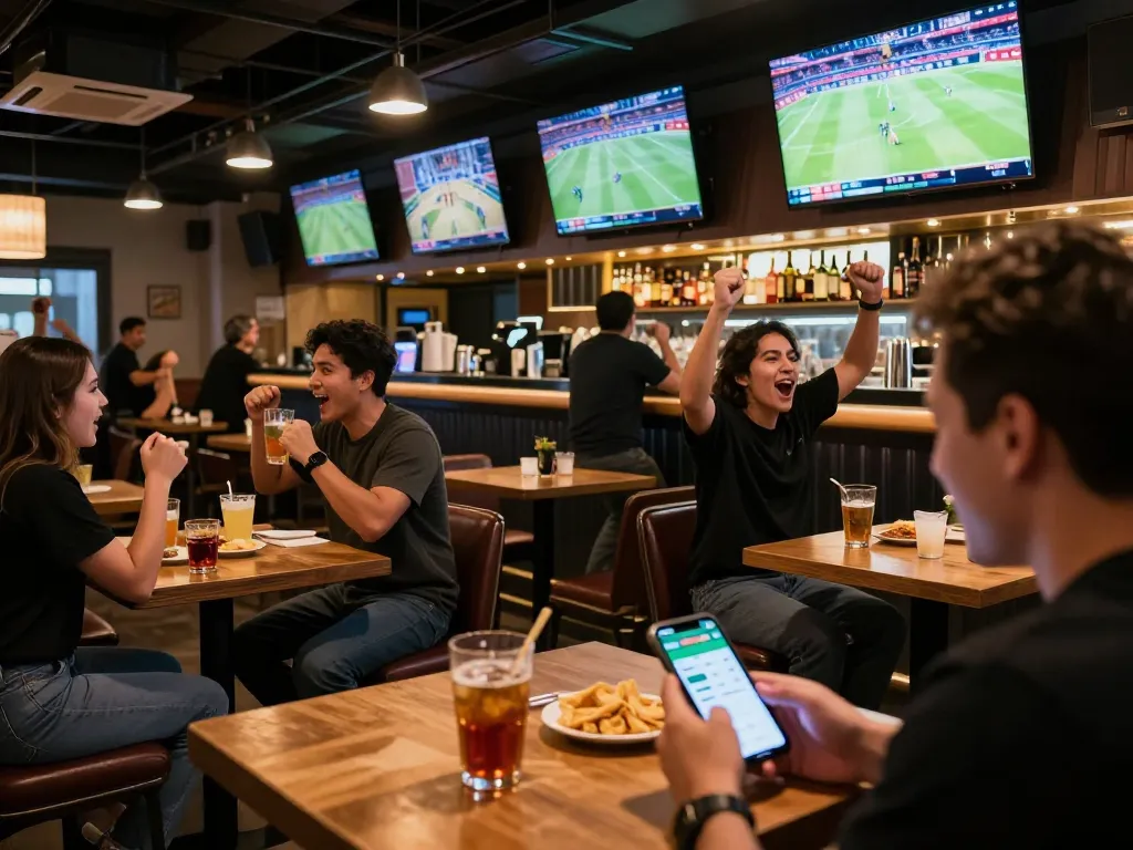 Engaging sports betting action with open88c mobile app at a lively sports bar