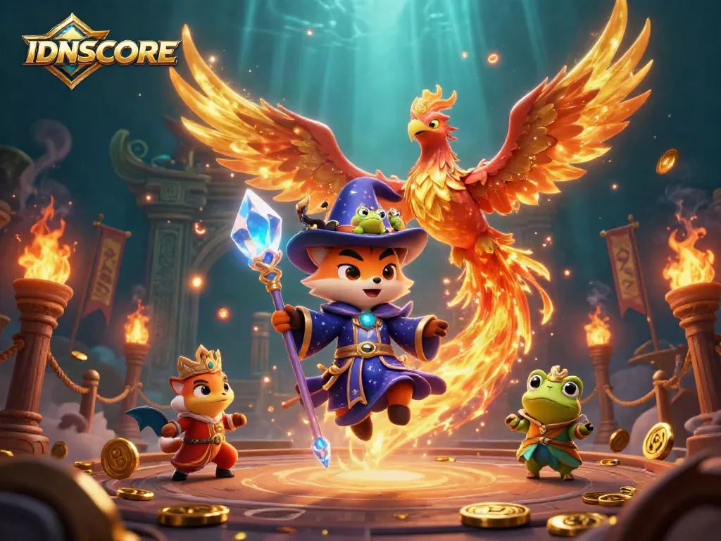 Engage with IDNSCORE in this vibrant 3D scene featuring magical characters and dynamic betting elements.