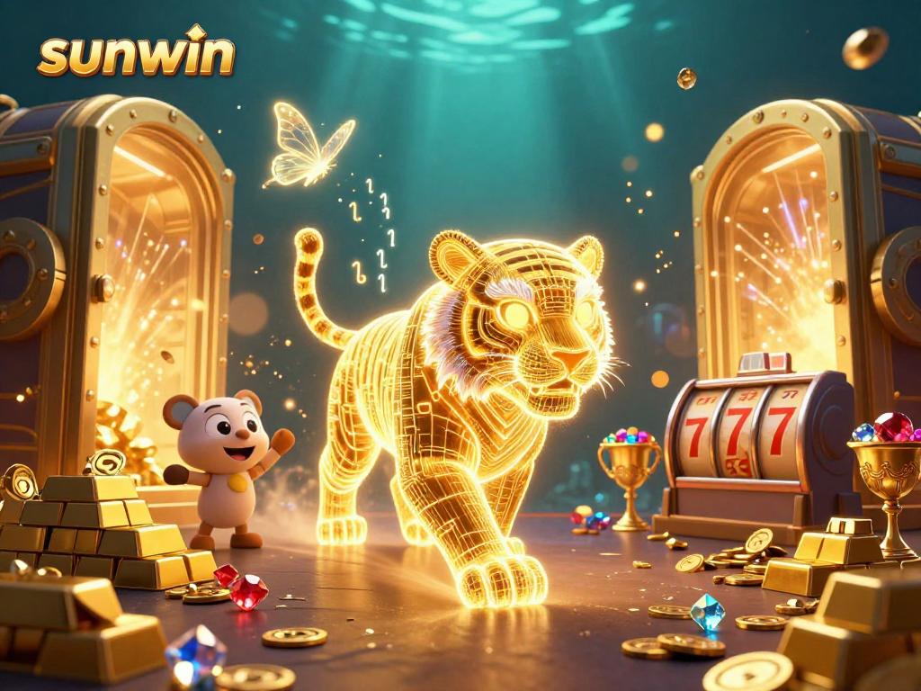 Experience the thrill of sunwin with a vibrant digital casino featuring a golden tiger and slot reels.