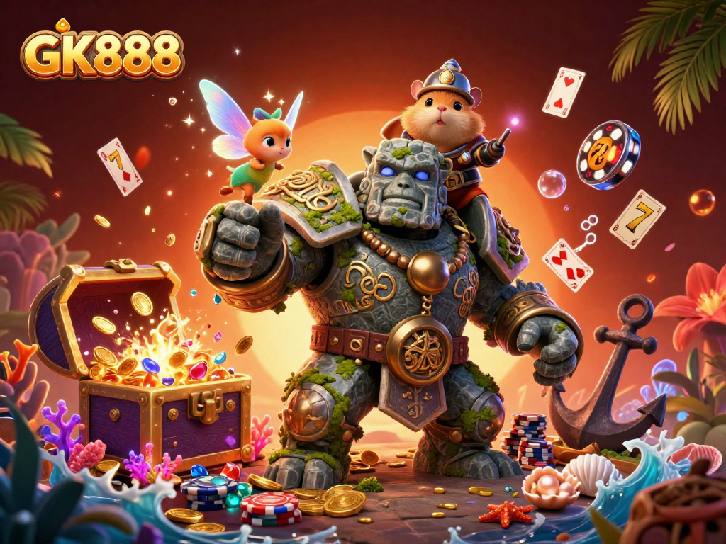Join the adventure with GK888, where a golem guardian, a fairy, and a hamster knight explore a vibrant casino!