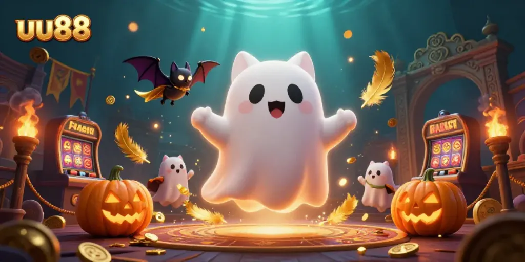 uu88 engages players in a vibrant haunted casino scene with dynamic ghost elements and slot machines.