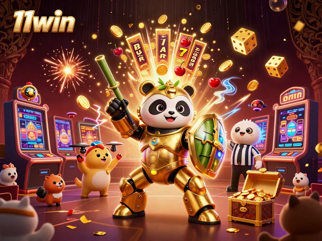 Engage with 11win through an energetic scene of a golden panda piloting a bamboo robot amid casino excitement.