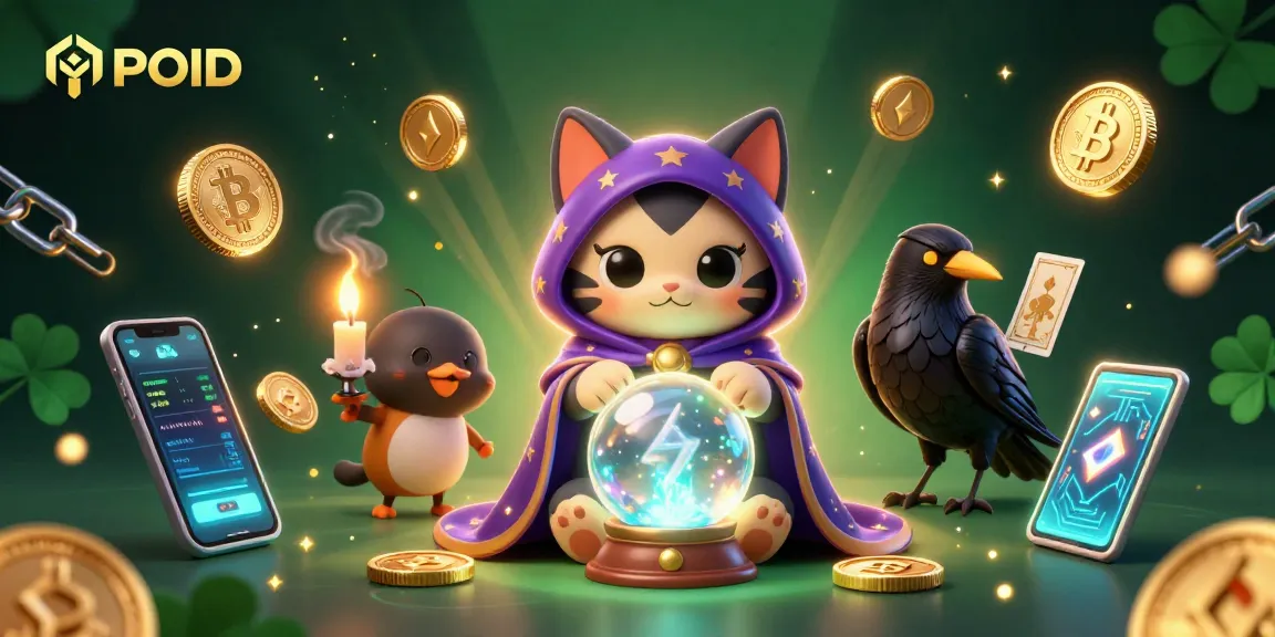 Engage with MPOID's thrilling games featuring a mystical cat and tarot raven in vibrant casino artwork.