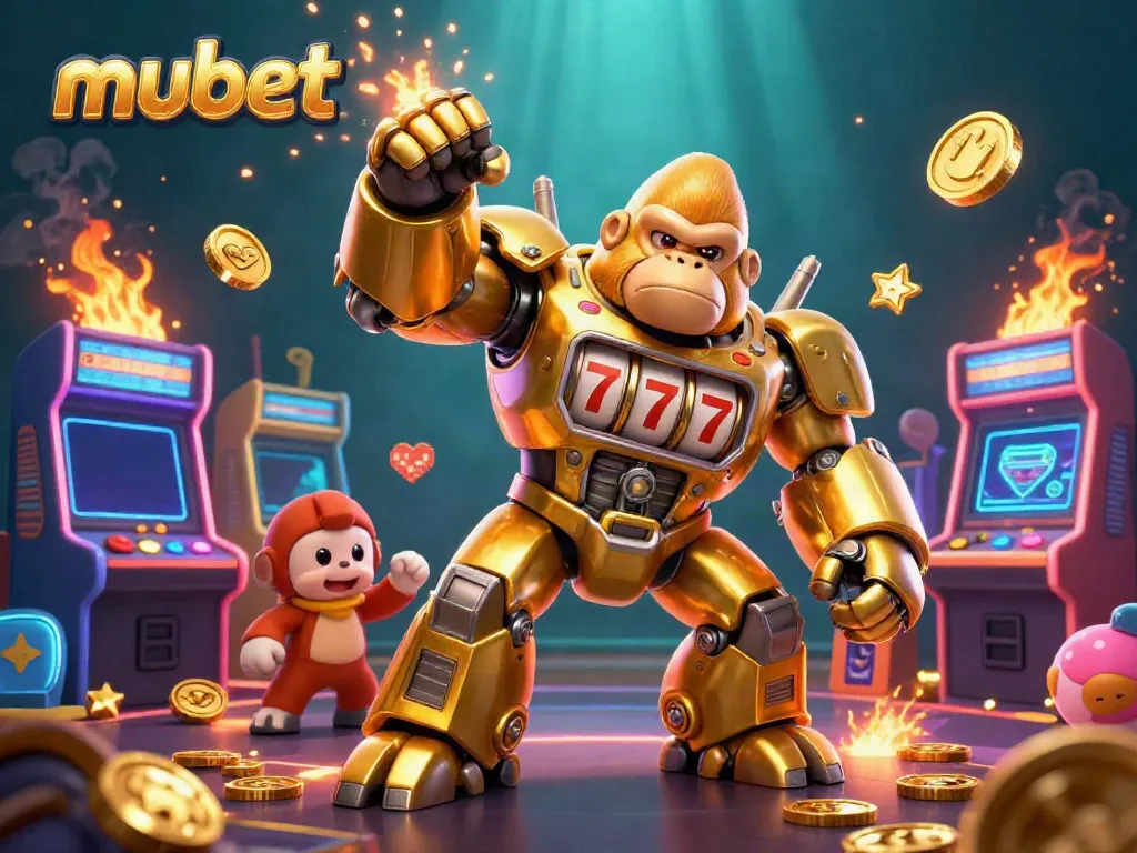 Engage with mubet through our vibrant 3D portrayal of a golden gorilla mech casino game.