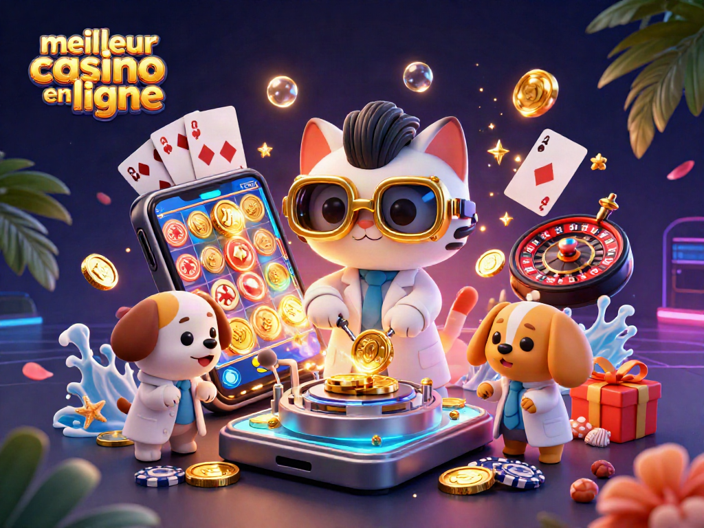 Explorez le meilleur casino en ligne avec un chat scientifique fou créant des pièces d'or dans un monde vibrant.
