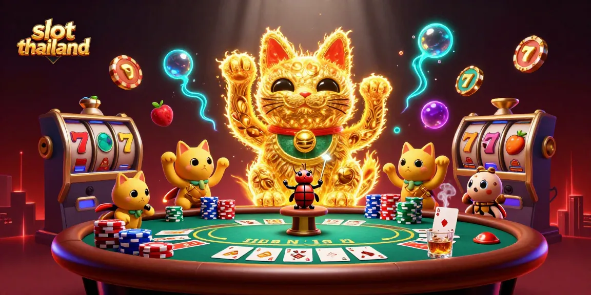 Engage with slot thailand's vibrant casino symbols and lively lucky cat in an enchanting 3D scene.