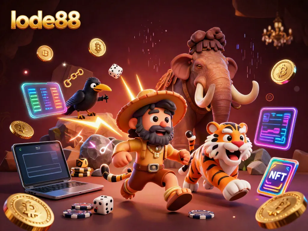 Engage with lode88 in a vibrant casino scene with cartoon characters and glowing crypto elements.