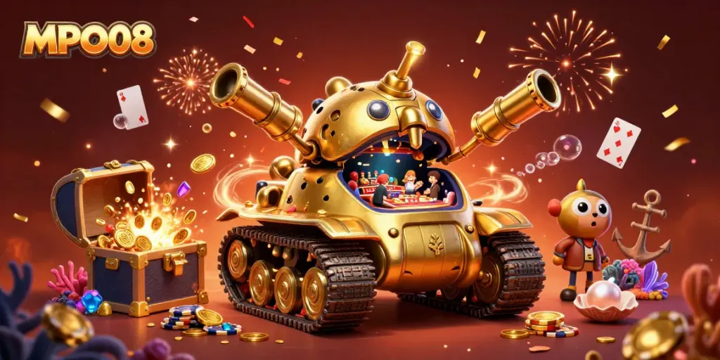 MPO08 gamers celebrate in a dynamic 3D casino scene, surrounded by coins and confetti.