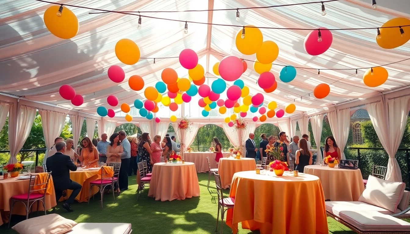 Enjoying Outdoor Party Rentals with elegantly decorated tents and vibrant balloons in a sunny garden setup.