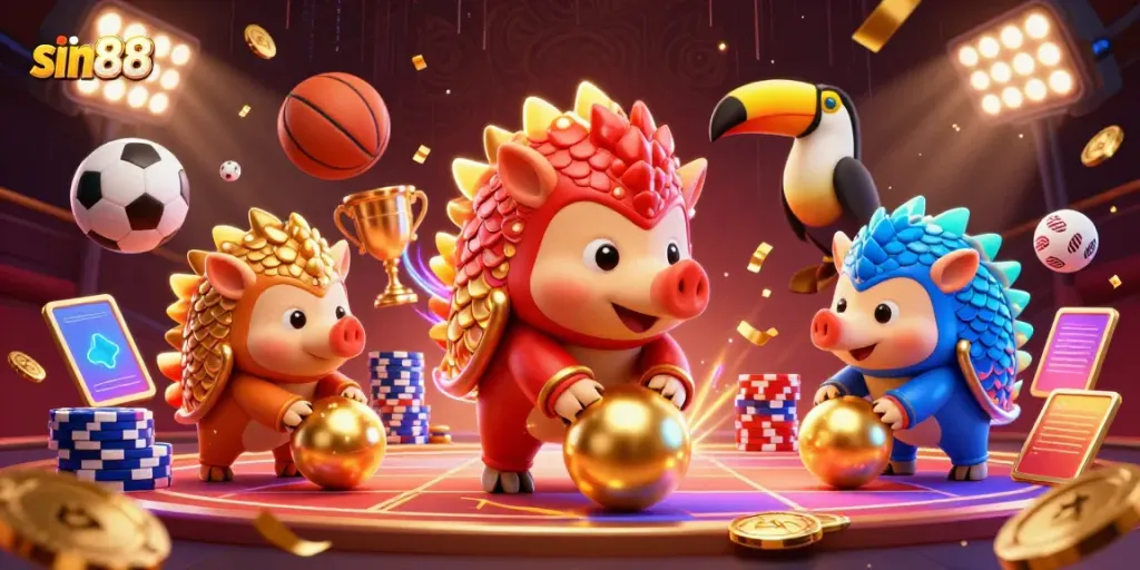 Watch sin88 rival pangolins skillfully bowl through poker chips in an engaging casino scene.