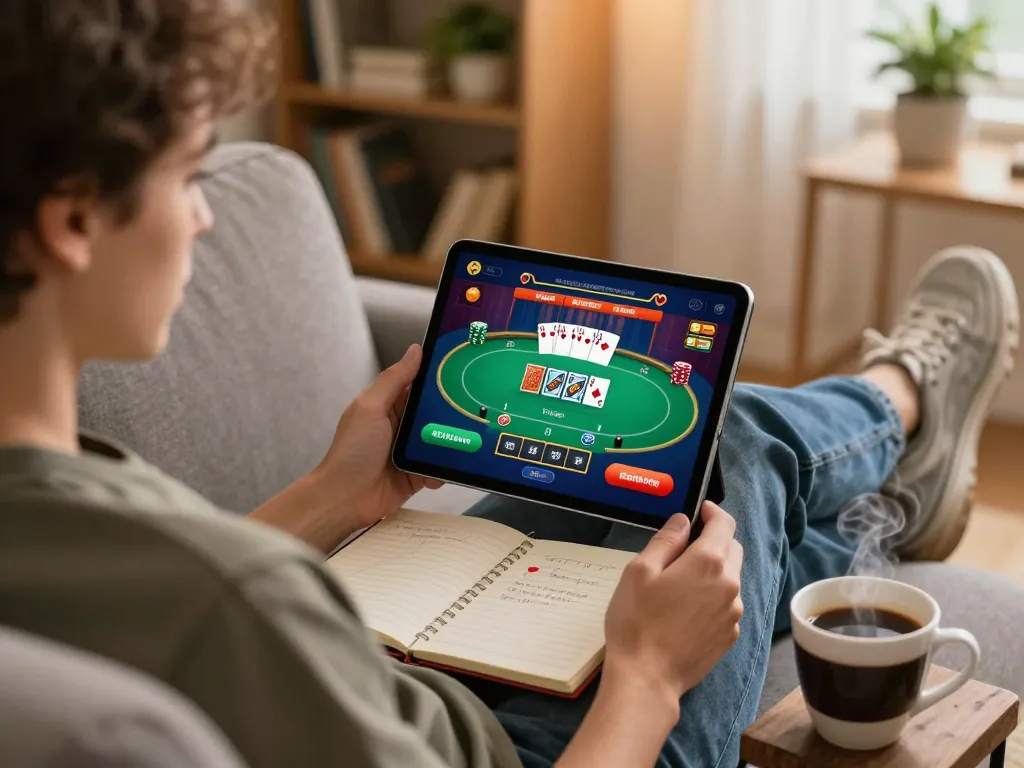 Player engaging in dynamic online poker game on tablet at home using LC88 for exciting gaming experience.