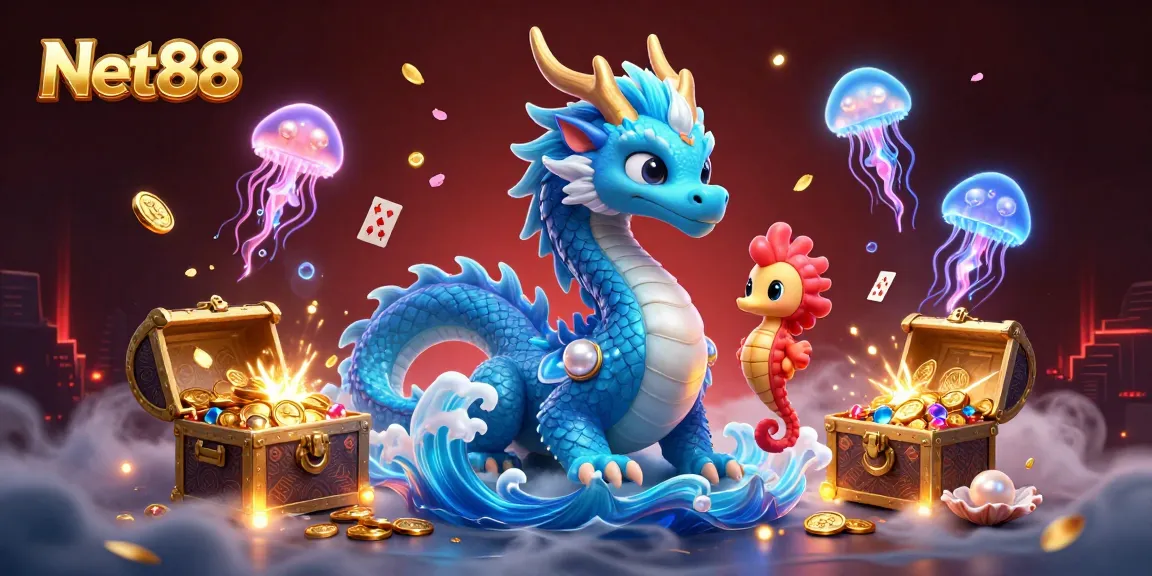 Net88 showcases a thrilling underwater adventure with a majestic dragon, seahorse knight, and mystical casino elements.