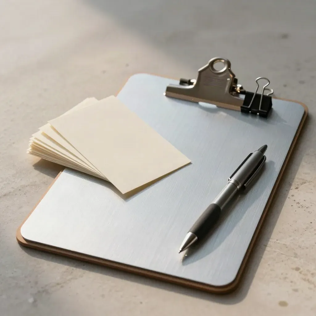 Brushed-aluminum clipboard with blank cards and graphite tools on pale stone in soft studio light.