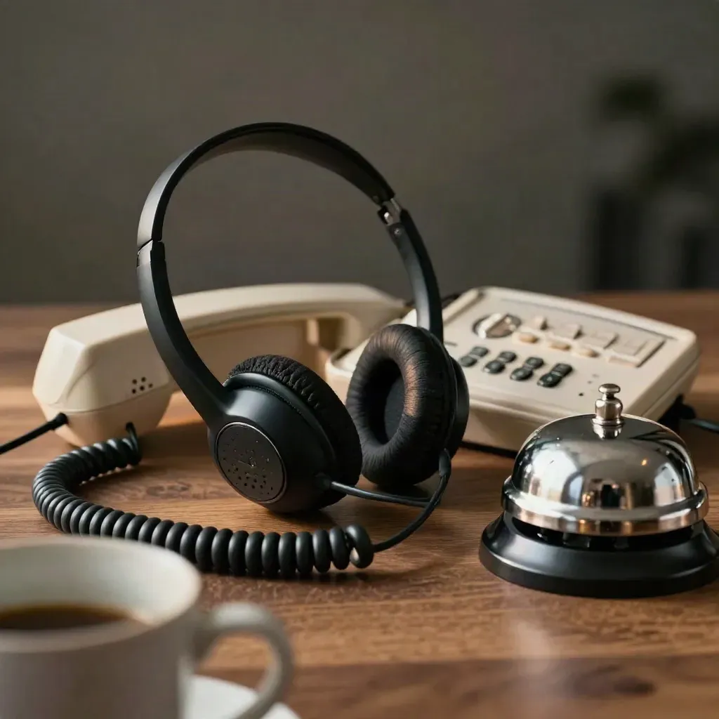 Black headset, phone handset and steel desk bell on walnut with blurred mug rim and dark bokeh.