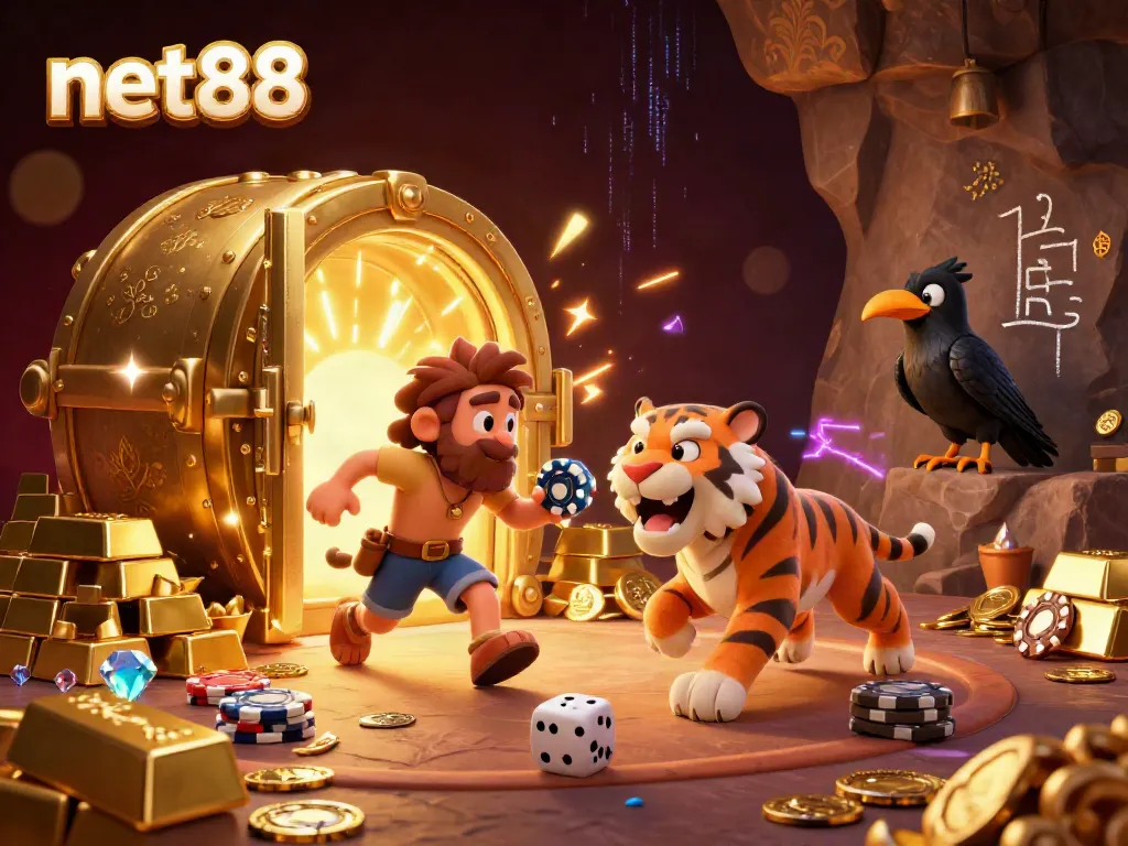 Experience thrilling winnings at net88 with an illustrative casino gambling scene depicting a caveman and tiger.