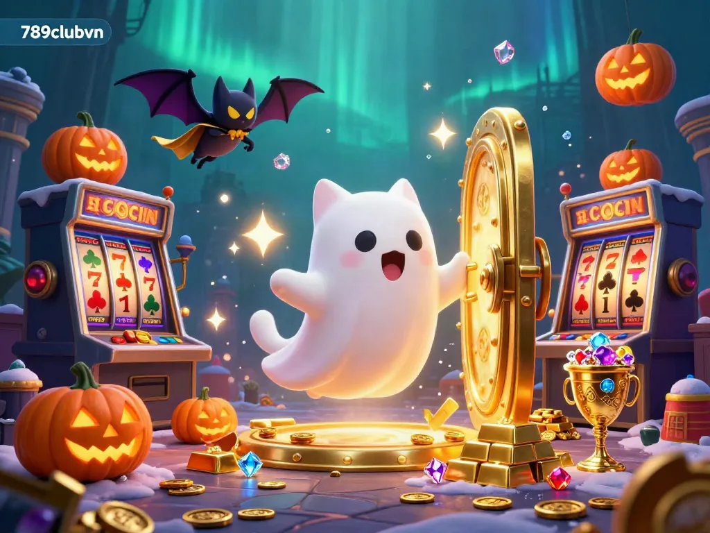 Experience thrilling slots action with a playful ghost cat and vampire bat in the vibrant 789clubvn casino.