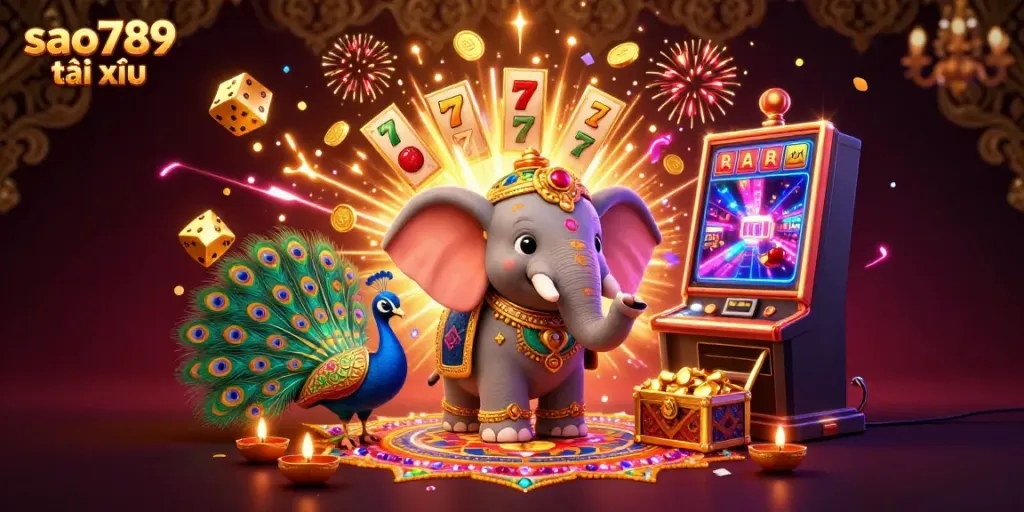 Sectacular scene celebrating sao789 tài xỉu with vibrant characters and casino elements exploding in gold and light