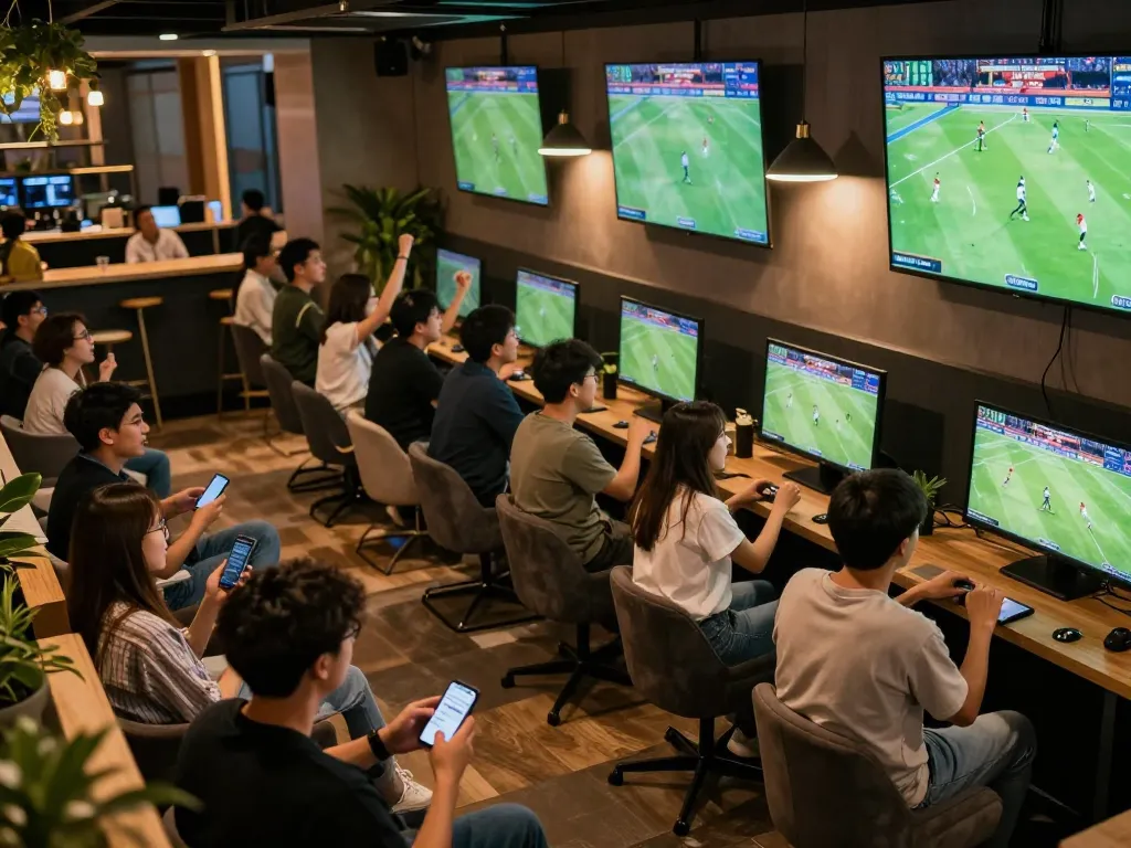 Xoilac sports betting fans cheer while placing bets on live matches.
