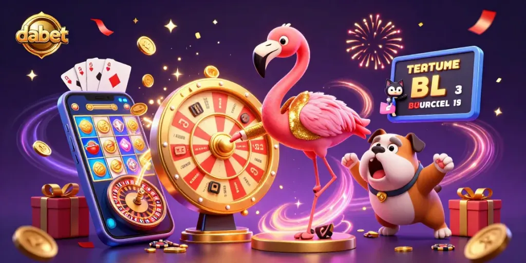 Dabet spins a prize wheel in a vibrant casino scene, surrounded by exciting slot game action.