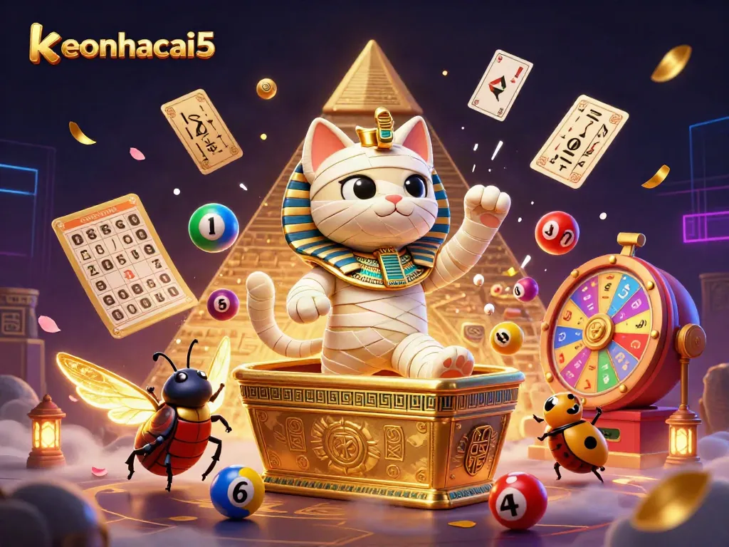 Engage with keonhacai5 as a 3D mummy cat bursts from a golden sarcophagus in a vibrant casino.
