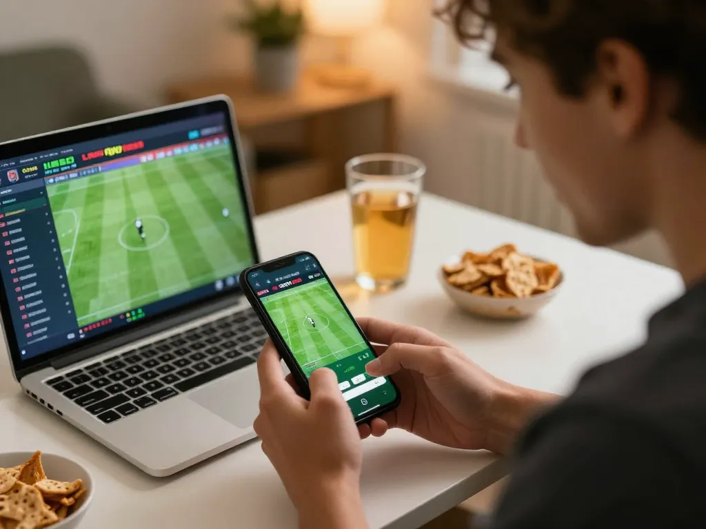 Tỷ lệ kèo nhà cái shown on a smartphone app during an intense sports betting moment, with snacks and drinks nearby.