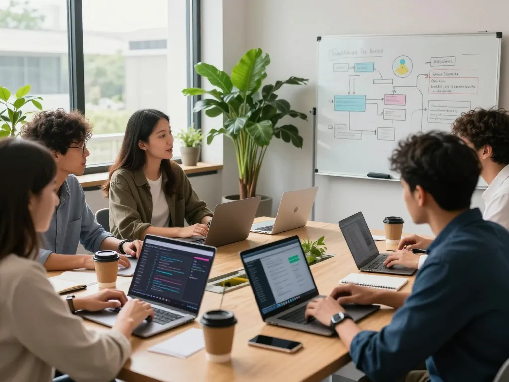 Dynamic team collaborating on CrushOn AI projects in modern workspace