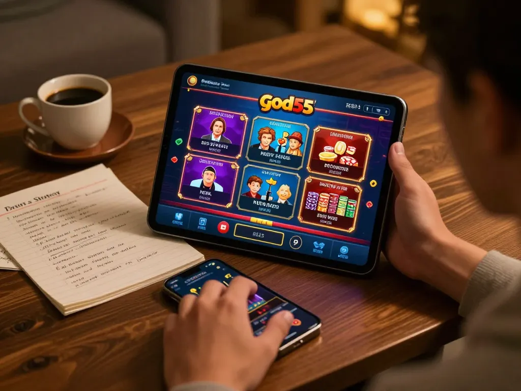 Person enjoying online gambling with god55 app on tablet, showing vibrant game interface and strategy notes.