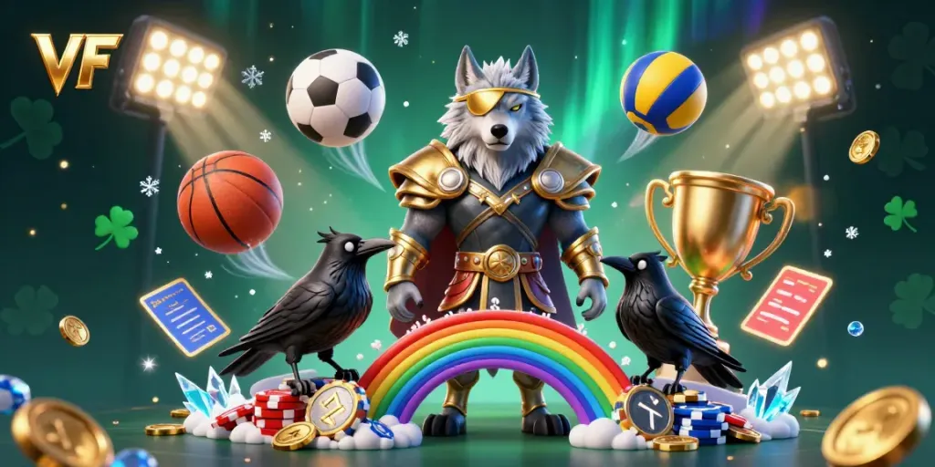 Experience dynamic gaming energy with VF 555, featuring a fantastical scene of an Odin wolf and ravens amid casino action.