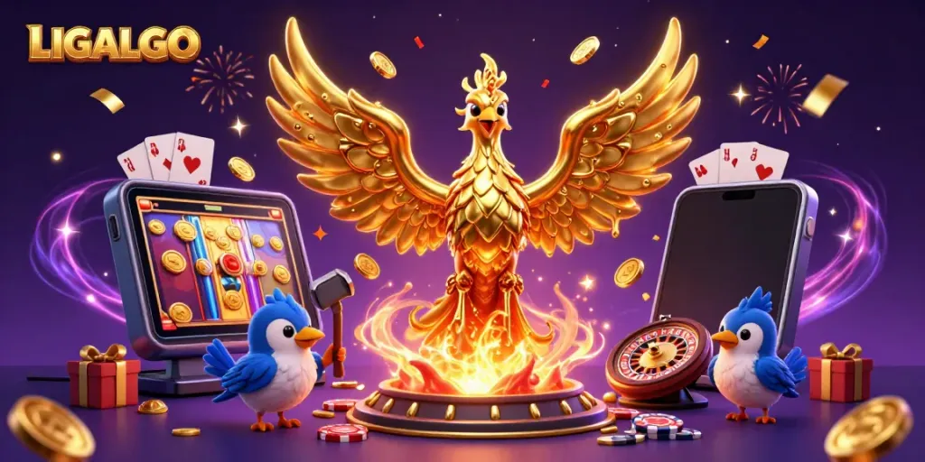 Experience LIGALGO's thrilling jackpots through a golden phoenix and festive gaming elements.