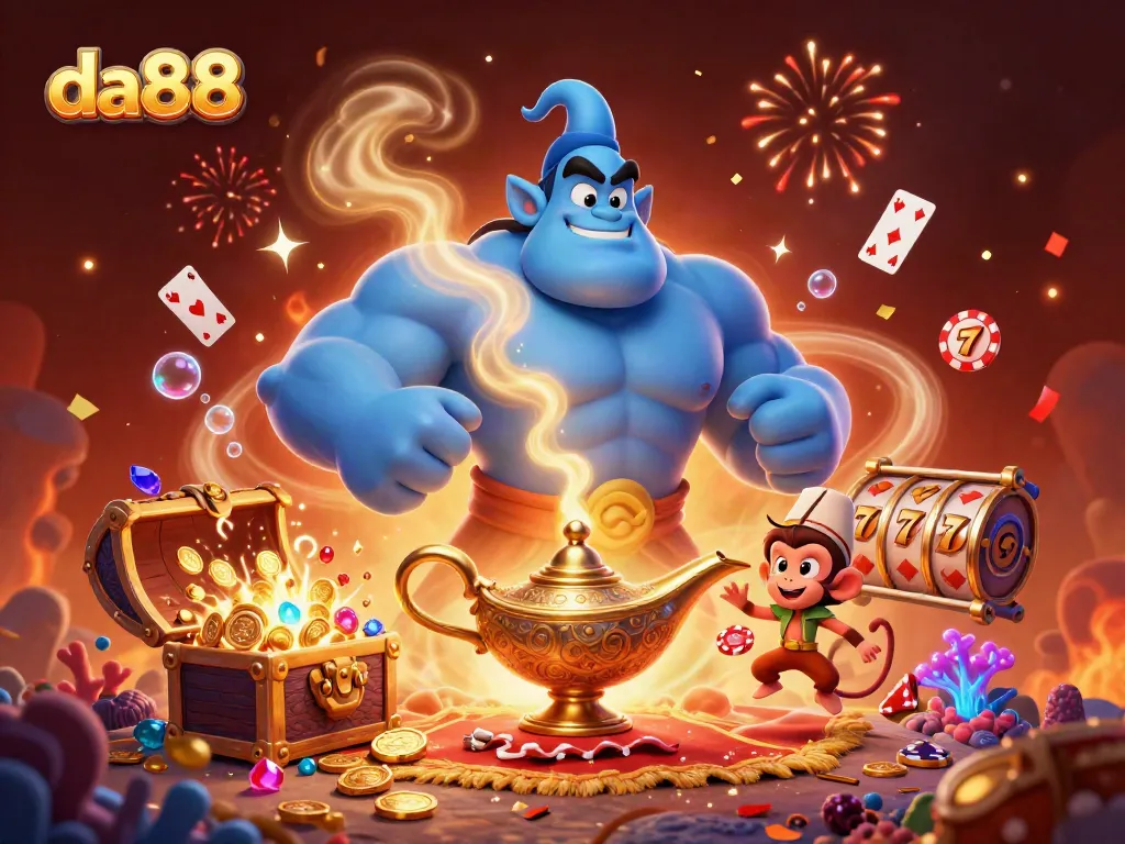 Experience the thrill of da88 gaming with a genie and monkey amid gold coins and poker chips.