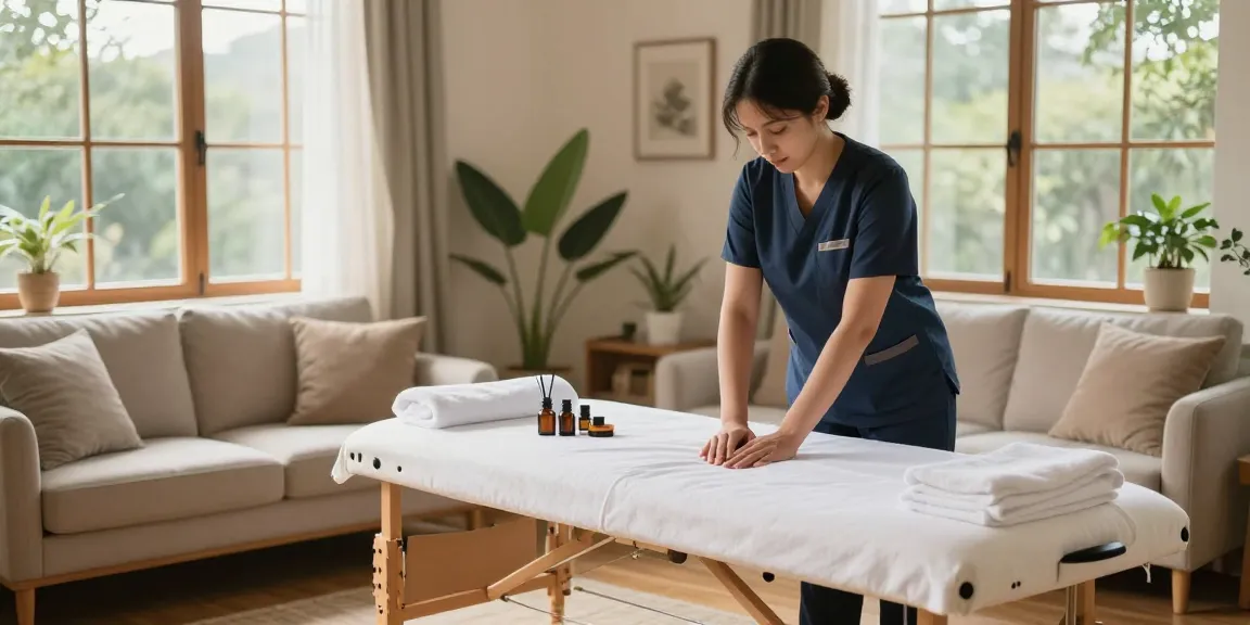 안산출장마사지 session setup in a serene living room with calming decor and natural light.