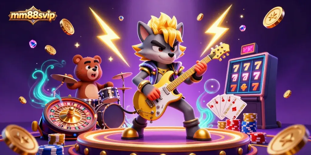 Experience the mm88svip thrill with a rock star wolf performing on a vibrant casino stage.